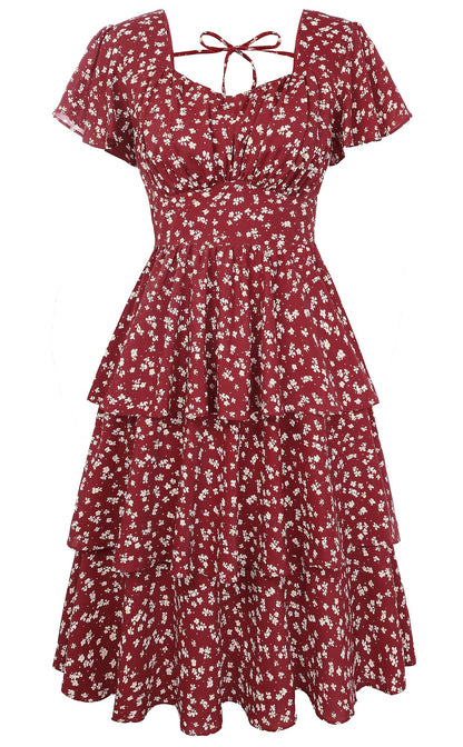 Belle Poque Women's Vintage Square Neck Dress 2026 Summer Short Sleeve Layered Tiered Ruffle A-line Swing Midi Dress