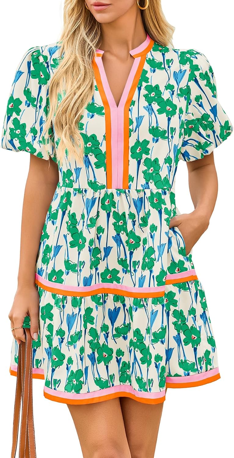Cicy Bell Womens Summer Puff Sleeve V Neck Floral Mini Boho Beach Dresses | Short Length, Patchwork,Hawaiian,Vacation,Loose fit ,Print with pockets