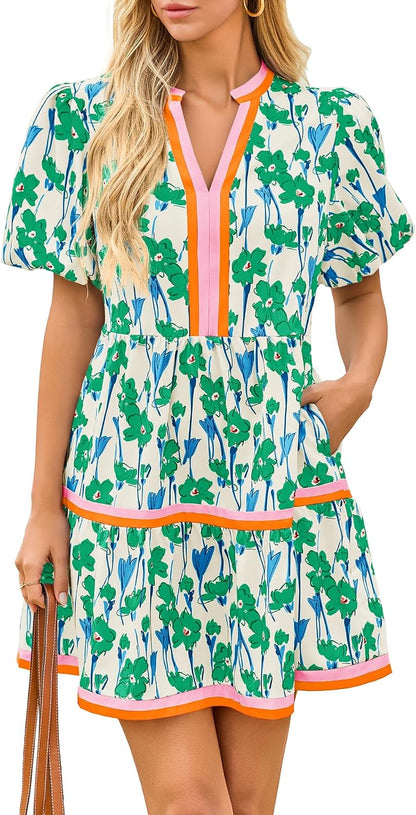 Cicy Bell Womens Summer Puff Sleeve V Neck Floral Mini Boho Beach Dresses | Short Length, Patchwork,Hawaiian,Vacation,Loose fit ,Print with pockets
