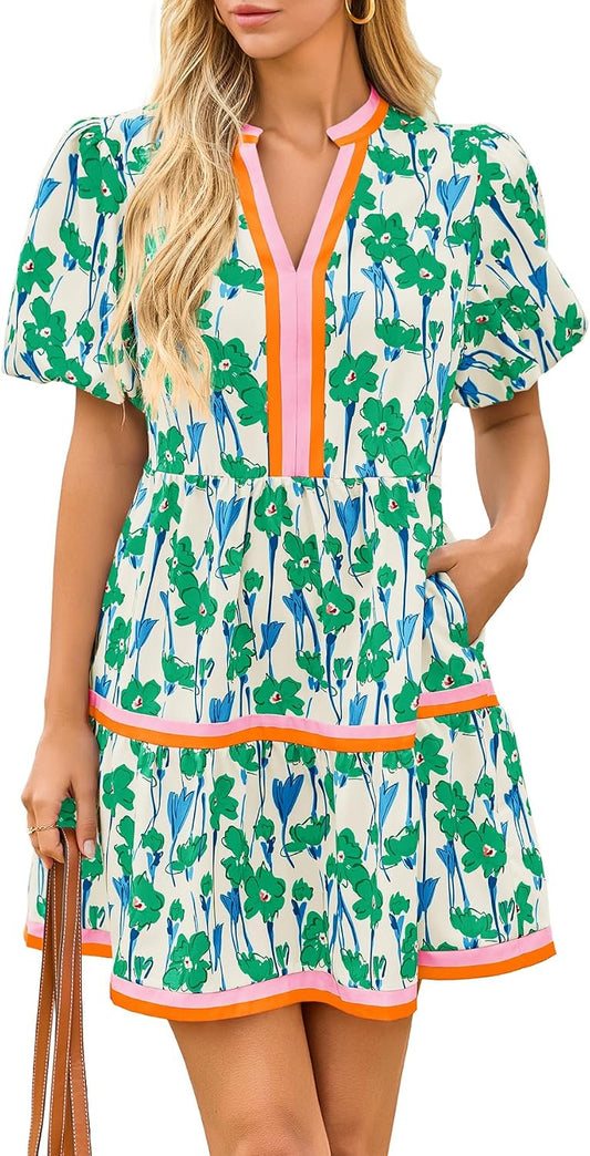 Cicy Bell Womens Summer Puff Sleeve V Neck Floral Mini Boho Beach Dresses | Short Length, Patchwork,Hawaiian,Vacation,Loose fit ,Print with pockets