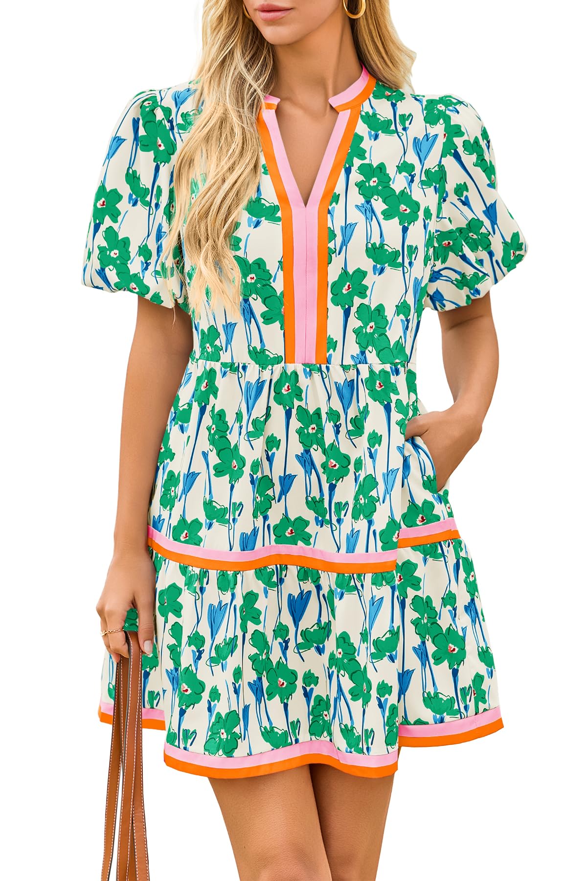 Cicy Bell Womens Summer Puff Sleeve V Neck Floral Mini Boho Beach Dresses | Short Length, Patchwork,Hawaiian,Vacation,Loose fit ,Print with pockets