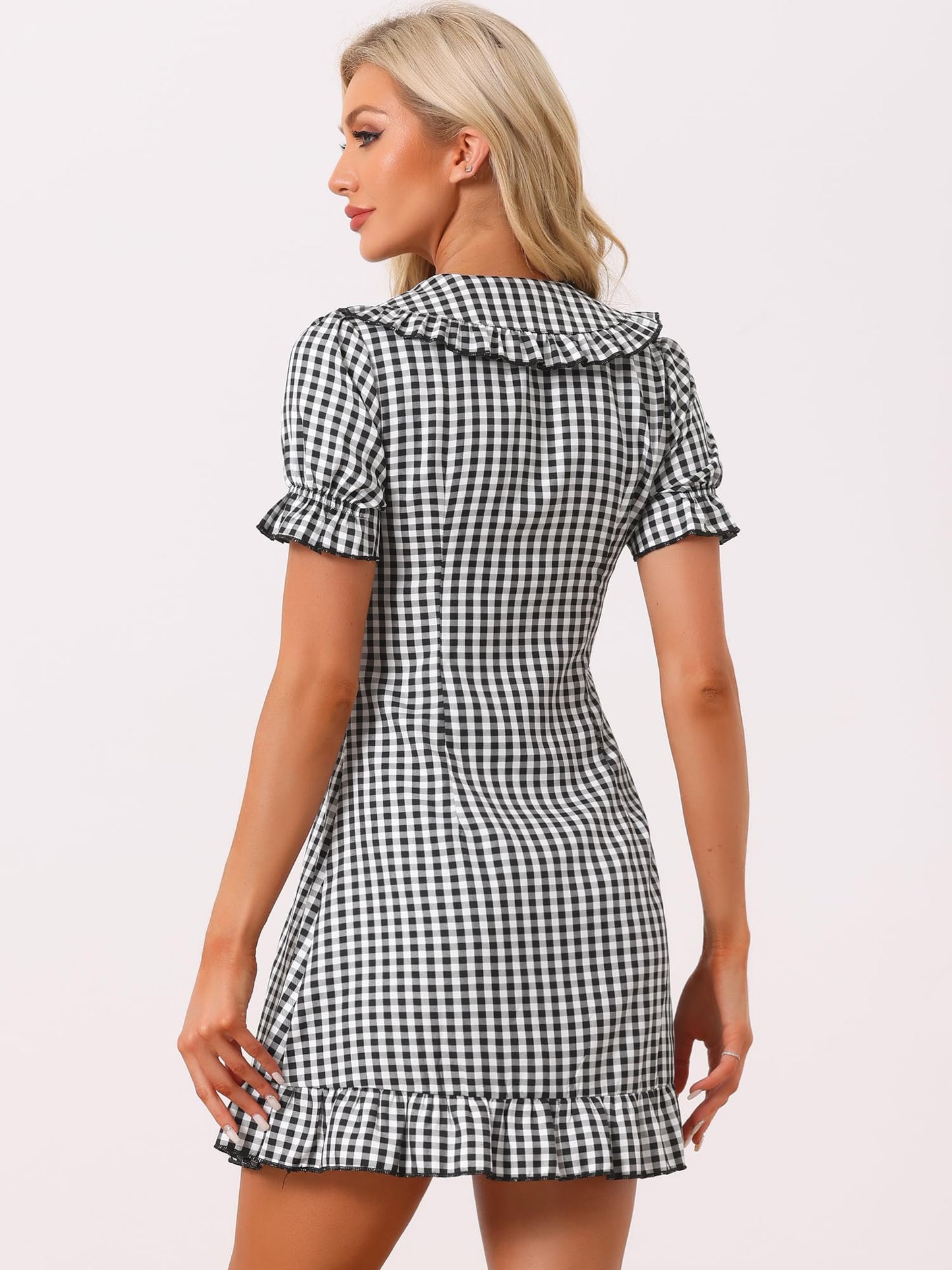 Allegra K Women's Gingham Checks Ruffled Peter Pan Collar Cute Mini Dress