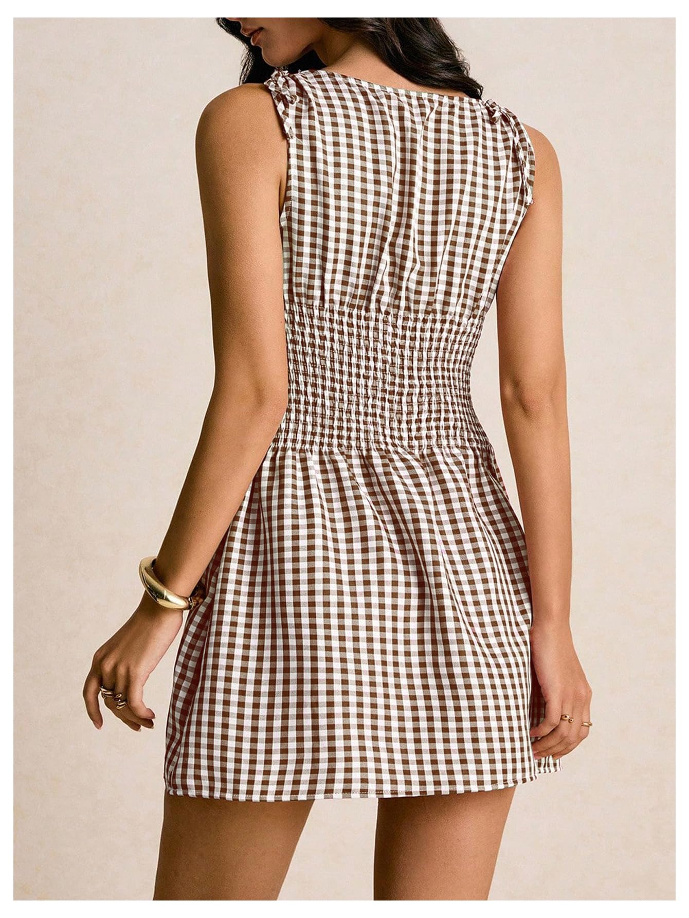 Floerns Women's Tie Shoulder A Line Gingham Dress Boat Neck Mini Checkered Elegant Dresses