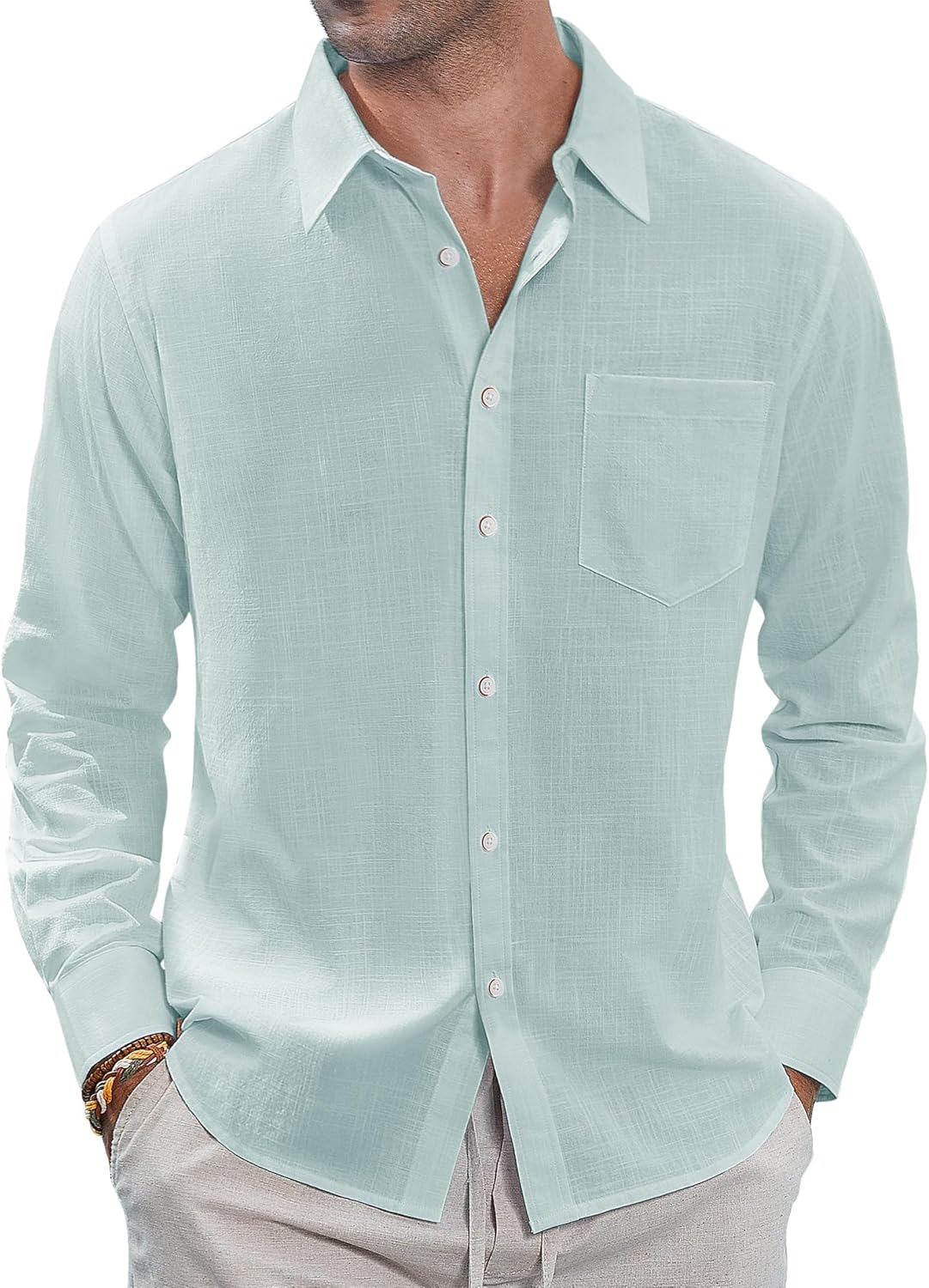J.VER Men's Linen Shirts Casual Button Down Long Sleeve Shirt Solid Spread Collar Summer Beach Shirts with Pocket