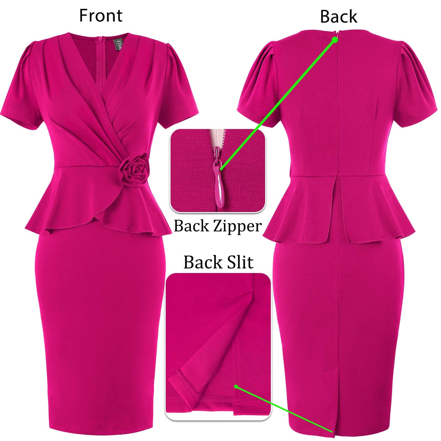VFSHOW Womens 2024 Business Work Office 3D Flower Pleated Puff Sleeve Faux Wrap V Neck Slim Bodycon Pencil Dress