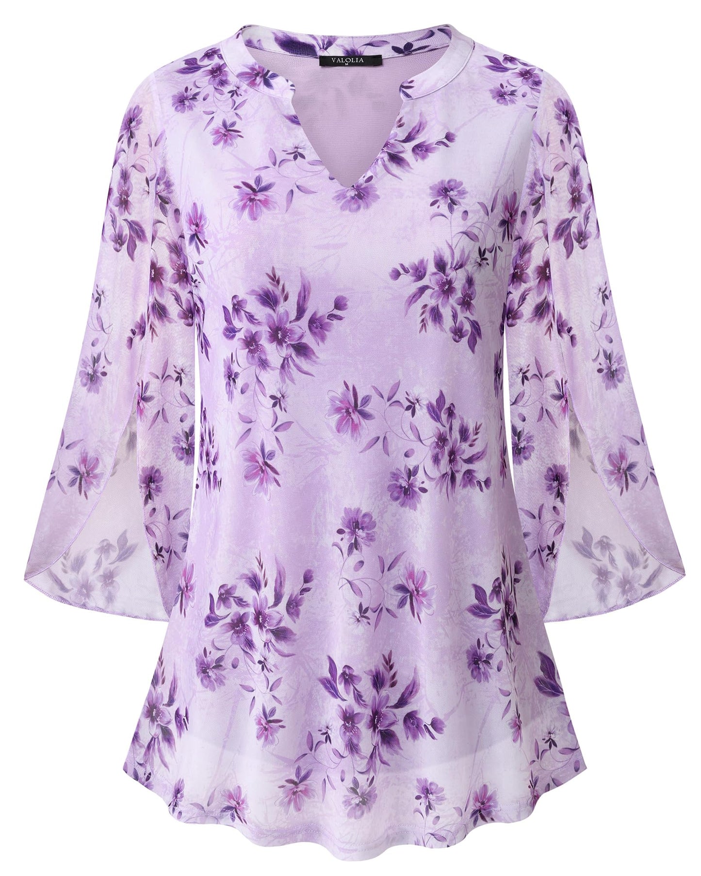 VALOLIA Women's 3/4 Sleeve Floral Tunic Tops V Neck Double Layers Loose Fit Mesh Blouses Shirt