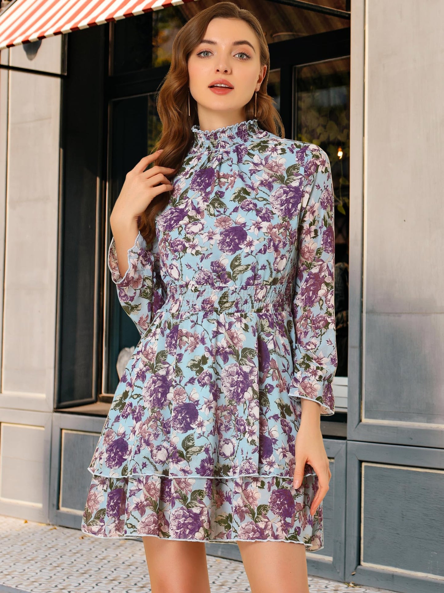 Allegra K Women's Floral Dress Chiffon Long Sleeve Mock Neck Ruffle Layered Smocked Mini Dresses