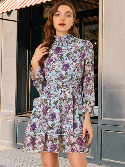 Allegra K Women's Floral Dress Chiffon Long Sleeve Mock Neck Ruffle Layered Smocked Mini Dresses