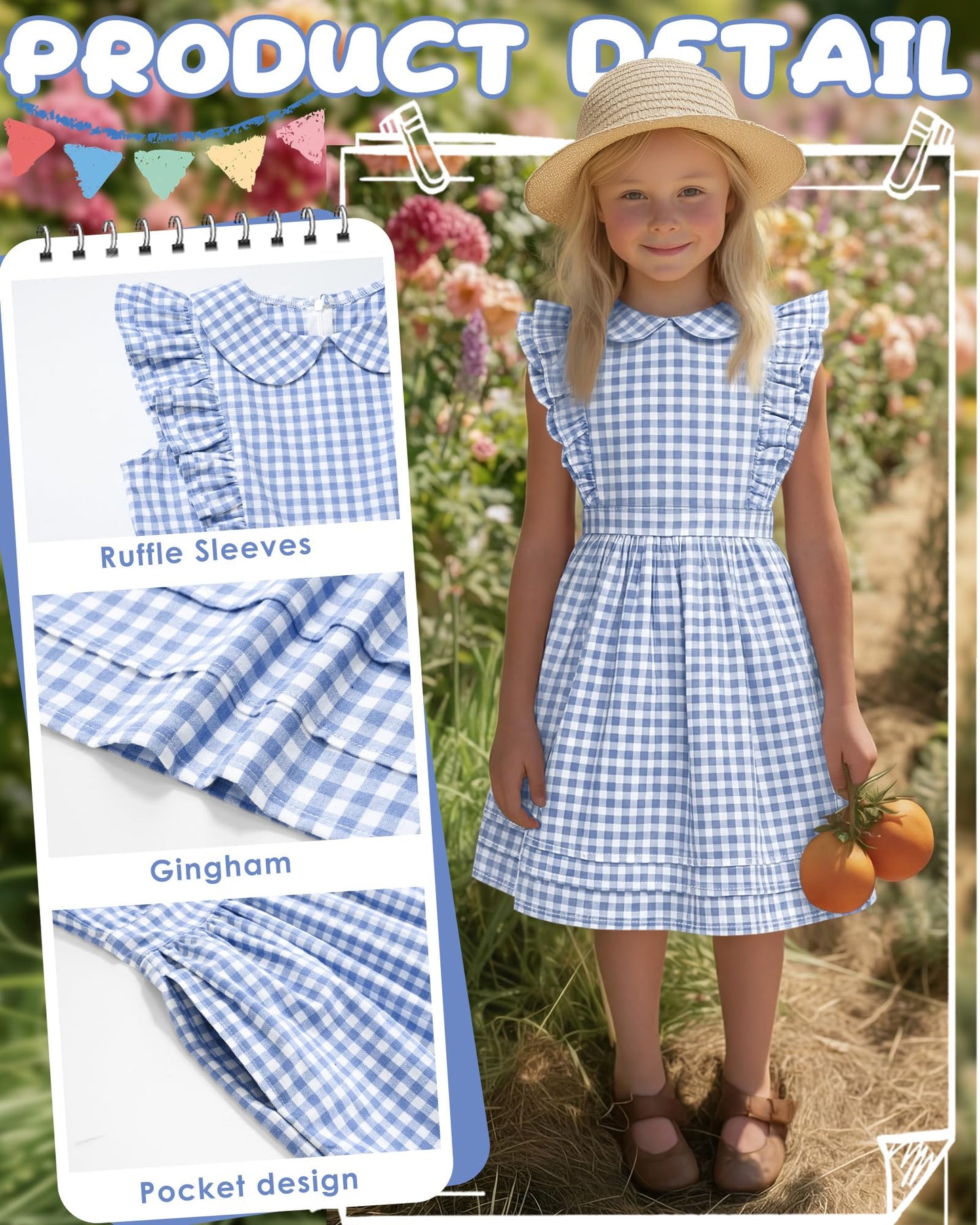 Xaatren Girls' Ruffle Sleeves Dress 5-14 Years Doll Collar Plaid Midi Length Gingham Flutter Pockets Summer Dress with Zipper