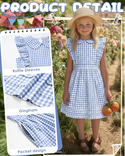 Xaatren Girls' Ruffle Sleeves Dress 5-14 Years Doll Collar Plaid Midi Length Gingham Flutter Pockets Summer Dress with Zipper