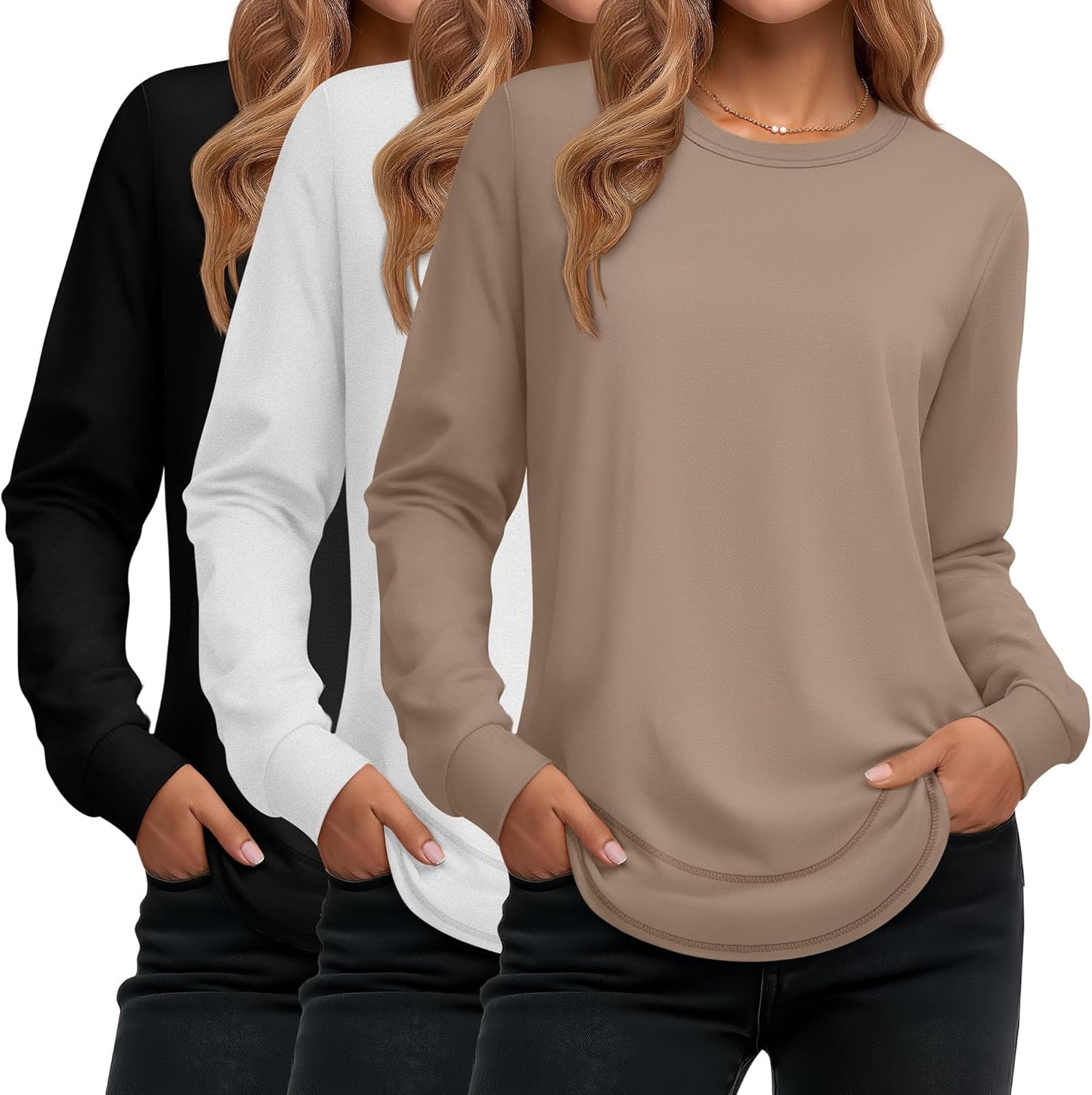 Ficerd 3 Pack Women's Long Sleeve Shirts, Cotton Crew Neck Tunic Tops Casual Loose Fit Pullover Sweatshirts Curved Hem Shirts