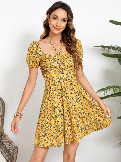 Missufe Women's Puff Short Sleeve Fit and Flare Casual Drawstring Floral Mini Sun Dresses 2025 Summer Vacation