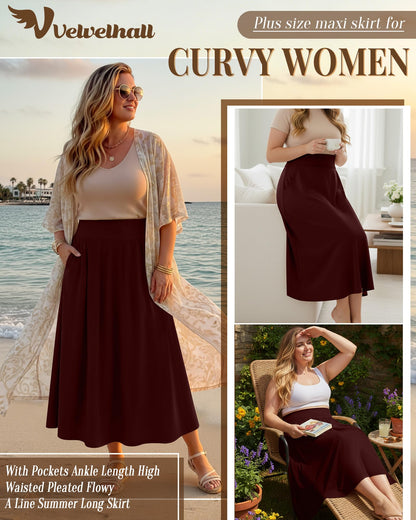 Plus Size Maxi Skirt for Curvy Women Pockets 2026 Ankle Length High Waisted Pleated Flowy a Line Summer Long Skirt