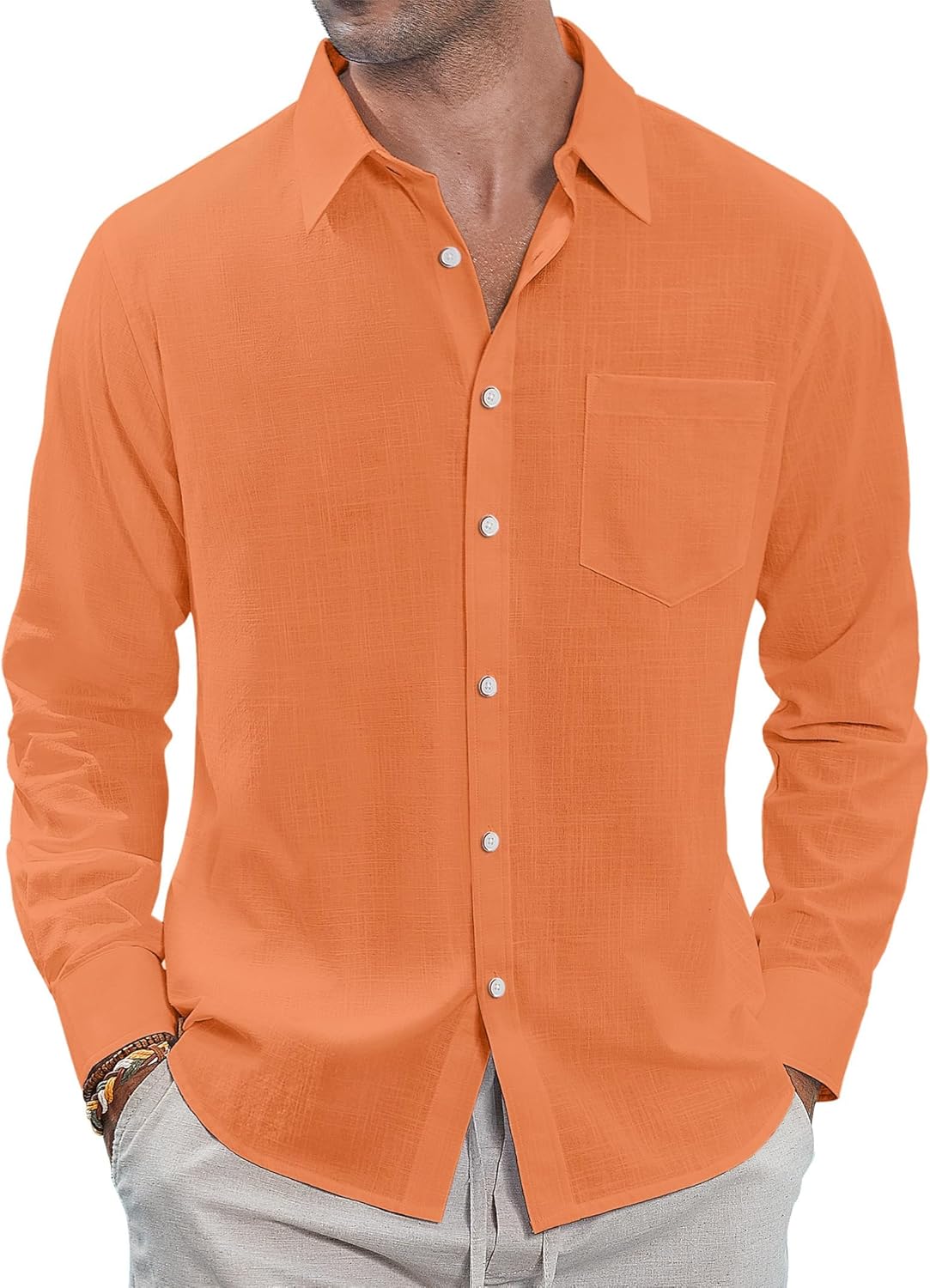 J.VER Men's Linen Shirts Casual Button Down Long Sleeve Shirt Solid Spread Collar Summer Beach Shirts with Pocket
