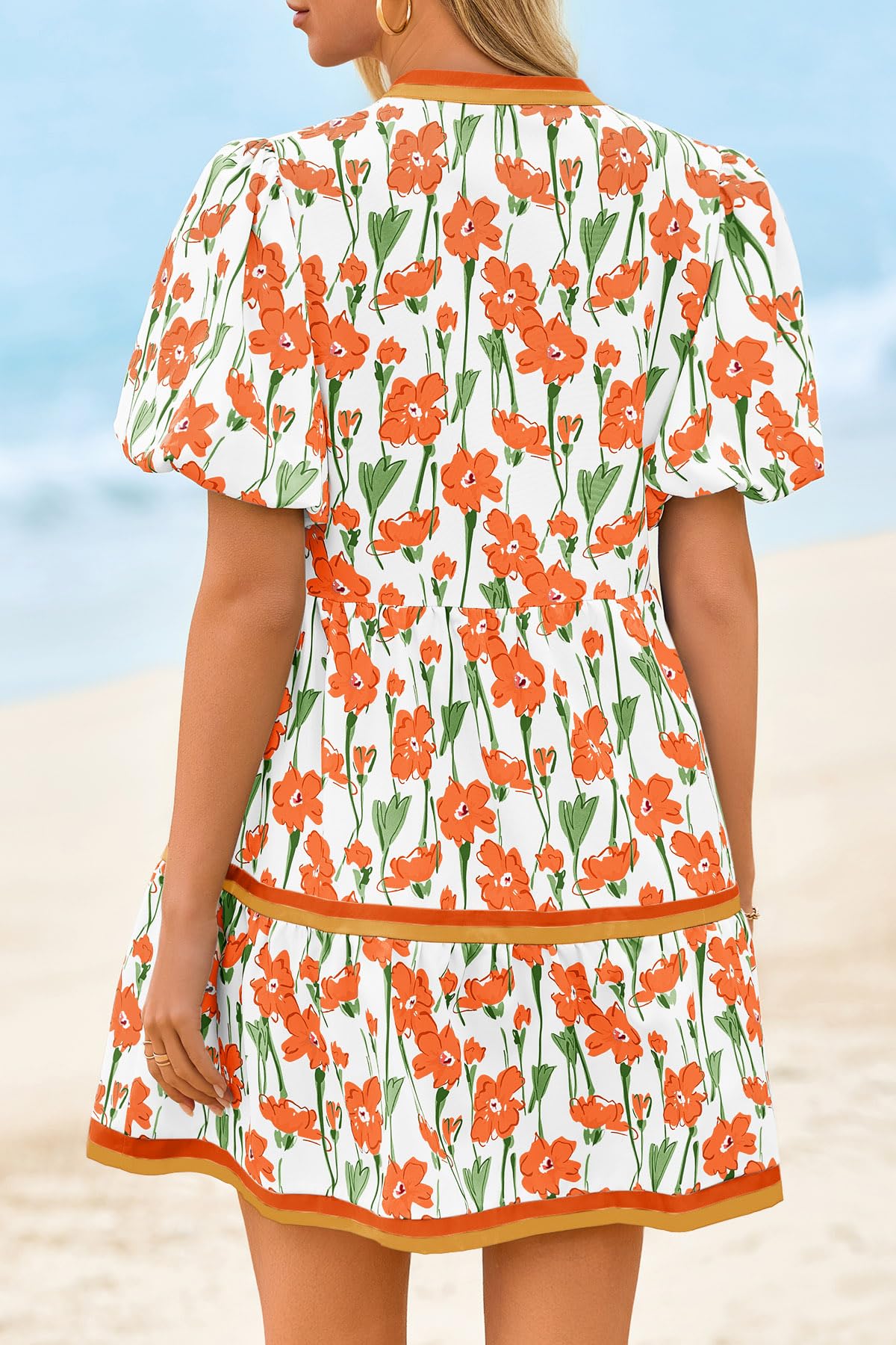 Cicy Bell Womens Summer Puff Sleeve V Neck Floral Mini Boho Beach Dresses | Short Length, Patchwork,Hawaiian,Vacation,Loose fit ,Print with pockets