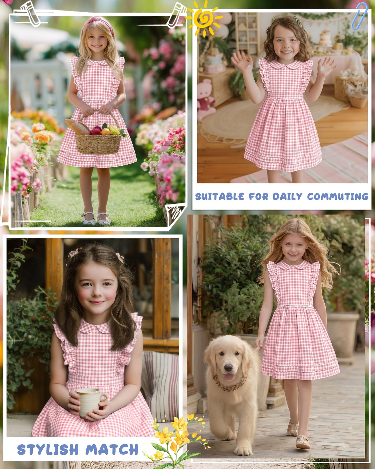 Xaatren Girls' Ruffle Sleeves Dress 5-14 Years Doll Collar Plaid Midi Length Gingham Flutter Pockets Summer Dress with Zipper