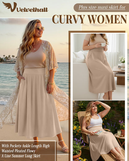 Plus Size Maxi Skirt for Curvy Women Pockets 2026 Ankle Length High Waisted Pleated Flowy a Line Summer Long Skirt