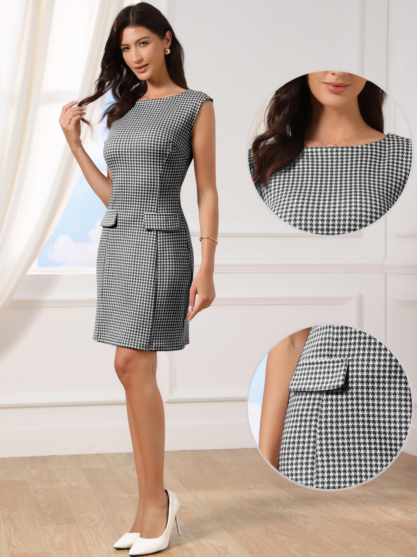 Allegra K Houndstooth Dress for Women's Sleeveless Boat Neck Plaid Work Sheath Dresses