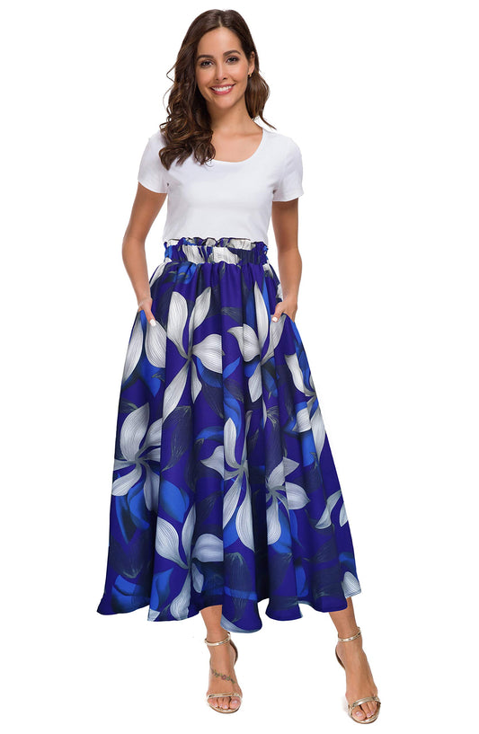 Afibi Women High Waist Floral Print Swing Chiffon Beach Midi Long Skirt with Pockets