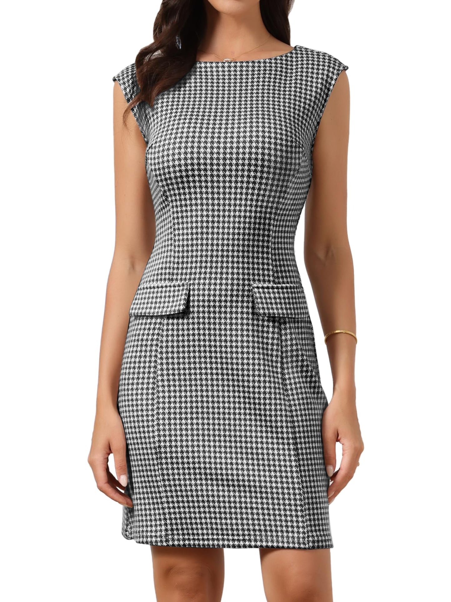 Allegra K Houndstooth Dress for Women's Sleeveless Boat Neck Plaid Work Sheath Dresses