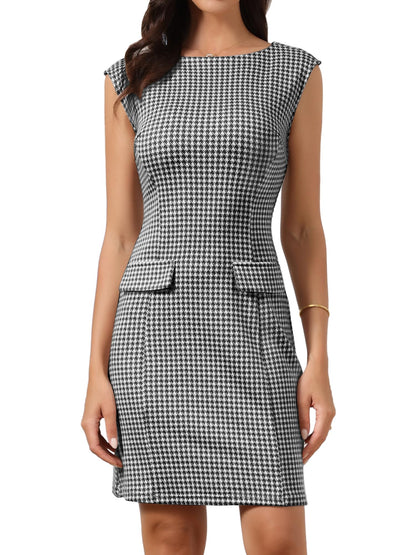 Allegra K Houndstooth Dress for Women's Sleeveless Boat Neck Plaid Work Sheath Dresses