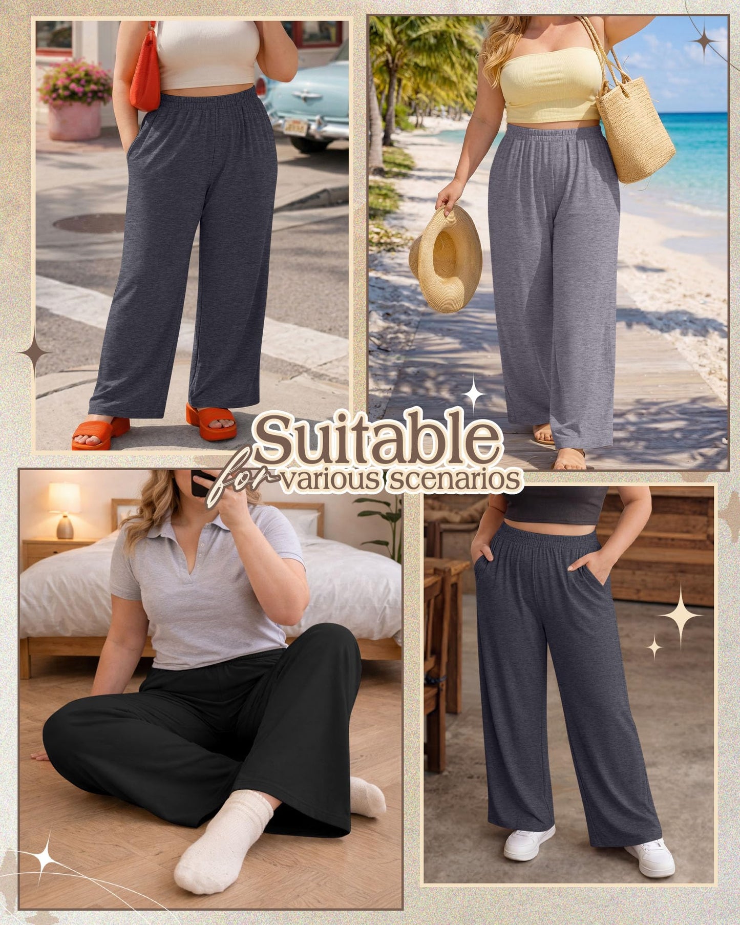 Evervibe 3 Pack Women Plus Size Wide Leg Pants Loose Fit Palazzo Lounge Yoga Sweatpants High Waist Casual Pajamas Pants