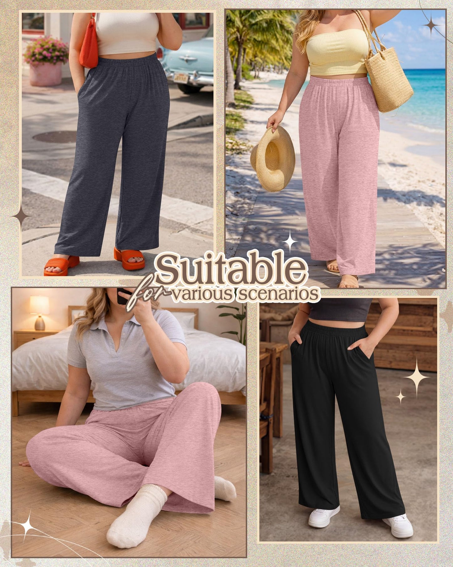 Evervibe 3 Pack Women Plus Size Wide Leg Pants Loose Fit Palazzo Lounge Yoga Sweatpants High Waist Casual Pajamas Pants