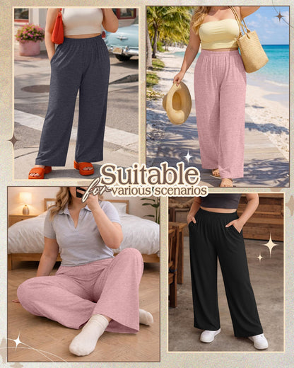 Evervibe 3 Pack Women Plus Size Wide Leg Pants Loose Fit Palazzo Lounge Yoga Sweatpants High Waist Casual Pajamas Pants