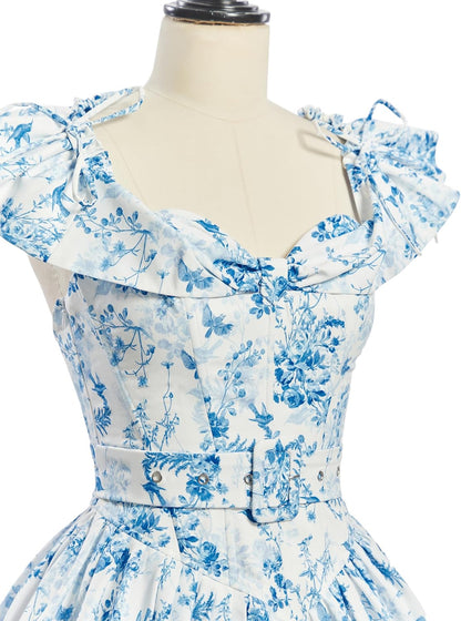 miccostumes Vintage 1950s Floral Print Dress with Adjustable Back & Belt Off-The-Shoulder Regular Sleeves Retro Swing Dress