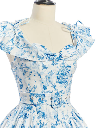 miccostumes Vintage 1950s Floral Print Dress with Adjustable Back & Belt Off-The-Shoulder Regular Sleeves Retro Swing Dress