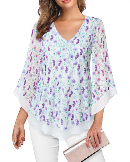 Lotusmile Womens Dressy Blouse Double Layers Mesh Shirt Ruffle 3/4 Flared Sleeve Tunic Tops