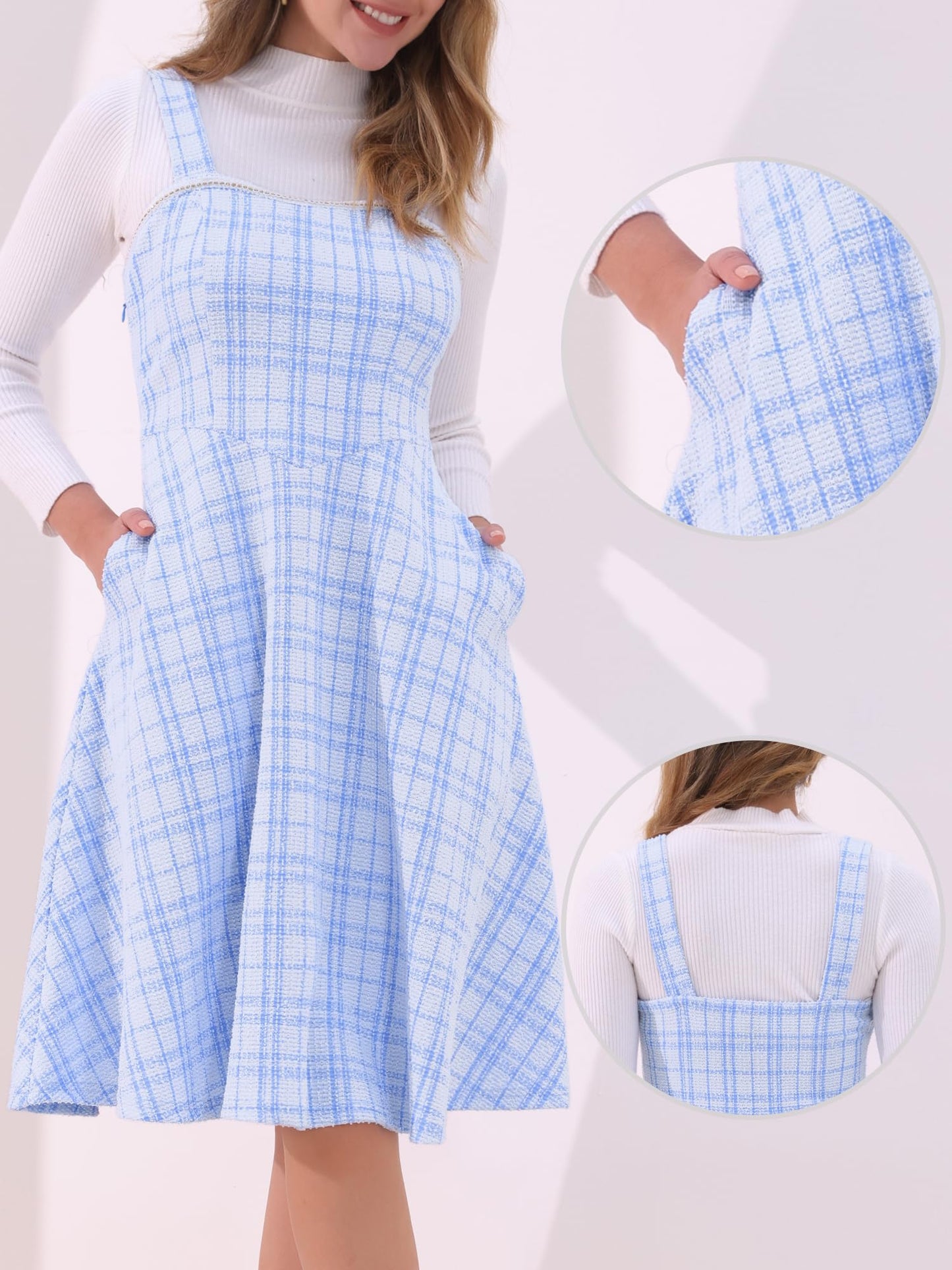 Allegra K Tweed Dress for Women Sleeveless Square Neck Plaid A-Line Pinafore Overall Dresses