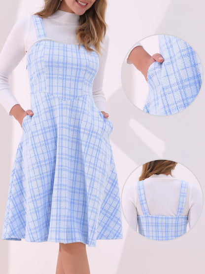 Allegra K Tweed Dress for Women Sleeveless Square Neck Plaid A-Line Pinafore Overall Dresses