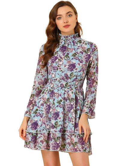 Allegra K Women's Floral Dress Chiffon Long Sleeve Mock Neck Ruffle Layered Smocked Mini Dresses