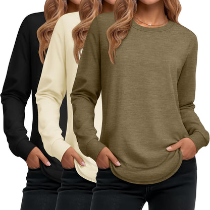 Ficerd 3 Pack Women's Long Sleeve Shirts, Cotton Crew Neck Tunic Tops Casual Loose Fit Pullover Sweatshirts Curved Hem Shirts