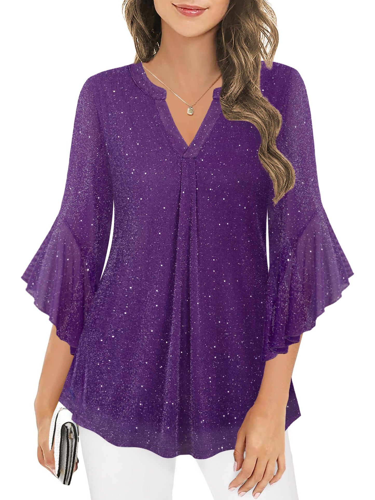 Ninedaily Womens Sparkly Tops 3/4 Sleeve Dressy Casual Sequin Blouses Double Layers Loose V Neck Shirt