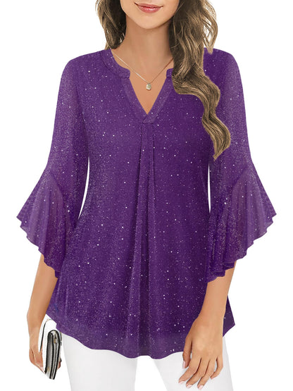 Ninedaily Womens Sparkly Tops 3/4 Sleeve Dressy Casual Sequin Blouses Double Layers Loose V Neck Shirt