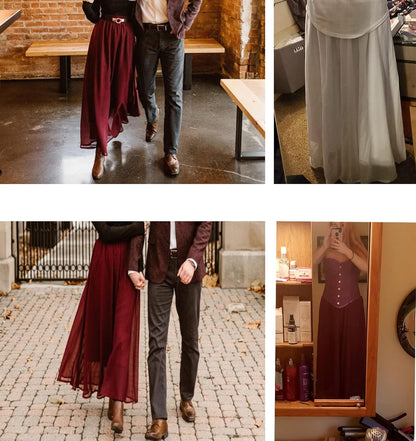 Womens Chiffon Retro Maxi Skirt Vintage Ankle-Length Skirts