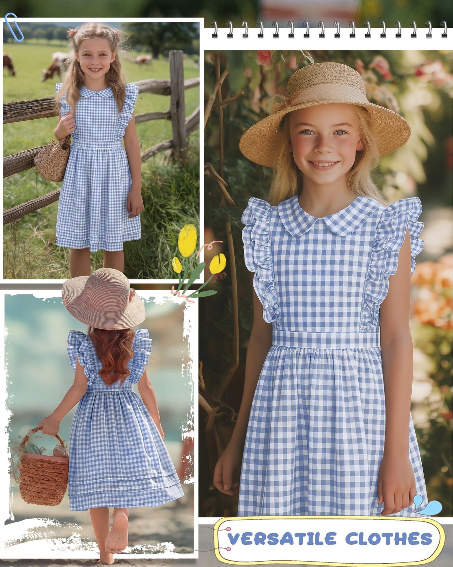 Xaatren Girls' Ruffle Sleeves Dress 5-14 Years Doll Collar Plaid Midi Length Gingham Flutter Pockets Summer Dress with Zipper