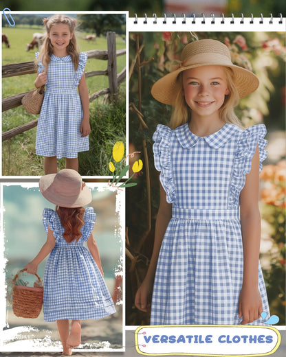 Xaatren Girls' Ruffle Sleeves Dress 5-14 Years Doll Collar Plaid Midi Length Gingham Flutter Pockets Summer Dress with Zipper