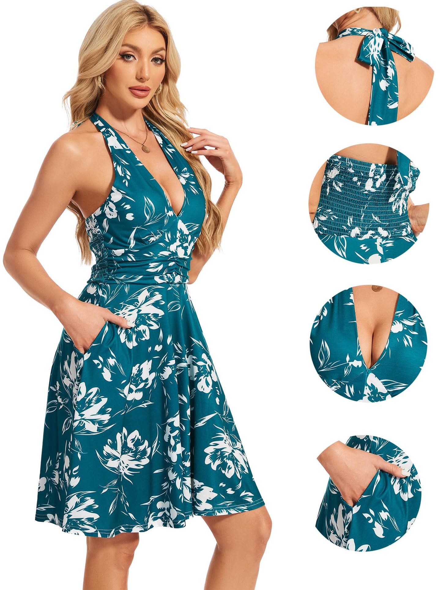 Women's Sexy Sundress Halter V Neck Tie Back Sleeveless Ruffle Mini Short Summer Beach Dresses