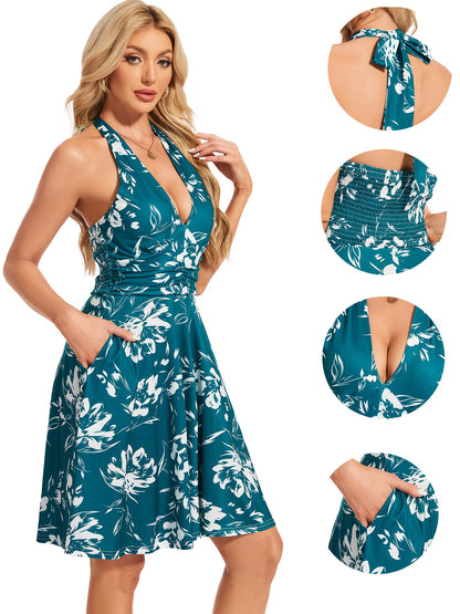 Women's Sexy Sundress Halter V Neck Tie Back Sleeveless Ruffle Mini Short Summer Beach Dresses