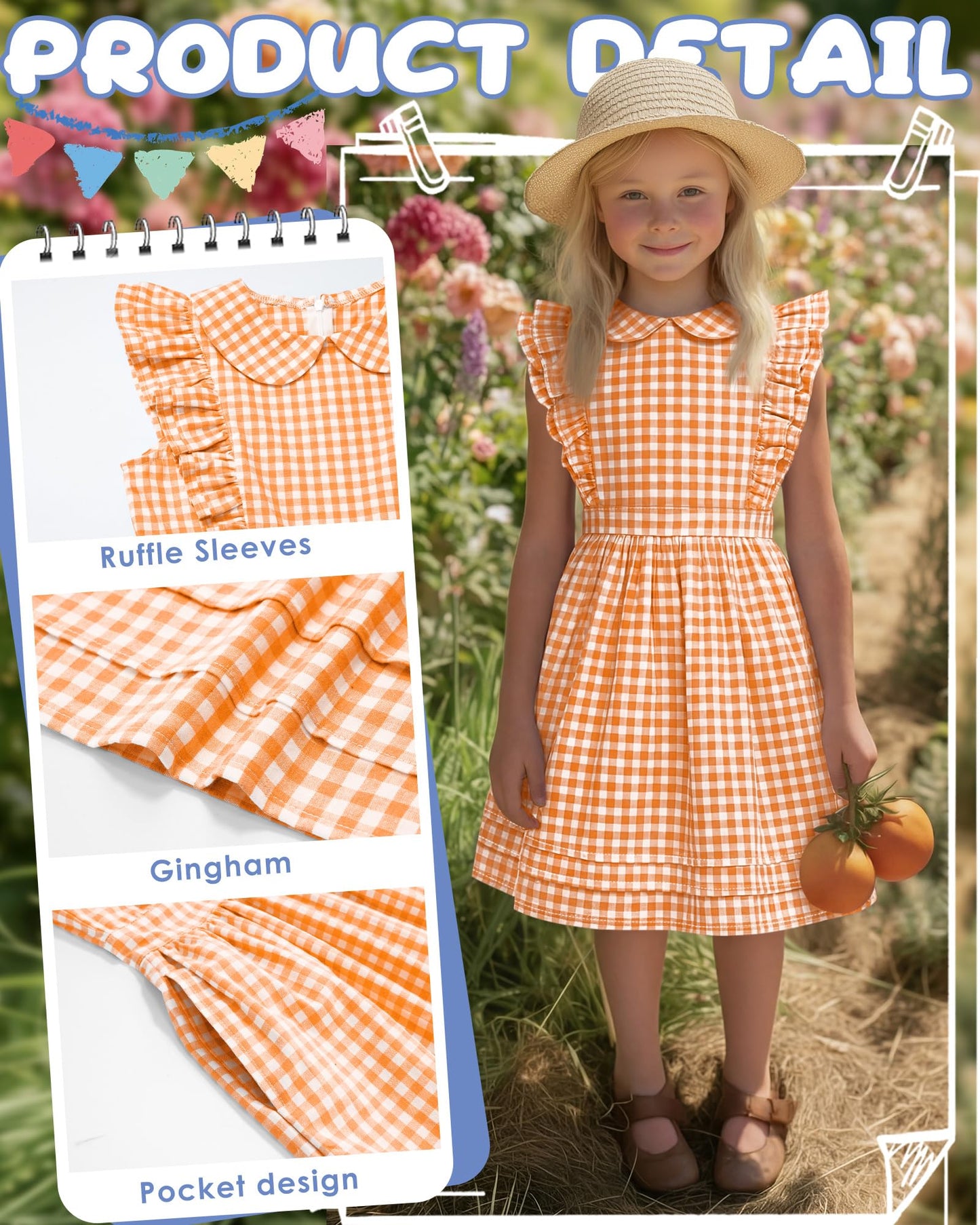 Xaatren Girls' Ruffle Sleeves Dress 5-14 Years Doll Collar Plaid Midi Length Gingham Flutter Pockets Summer Dress with Zipper