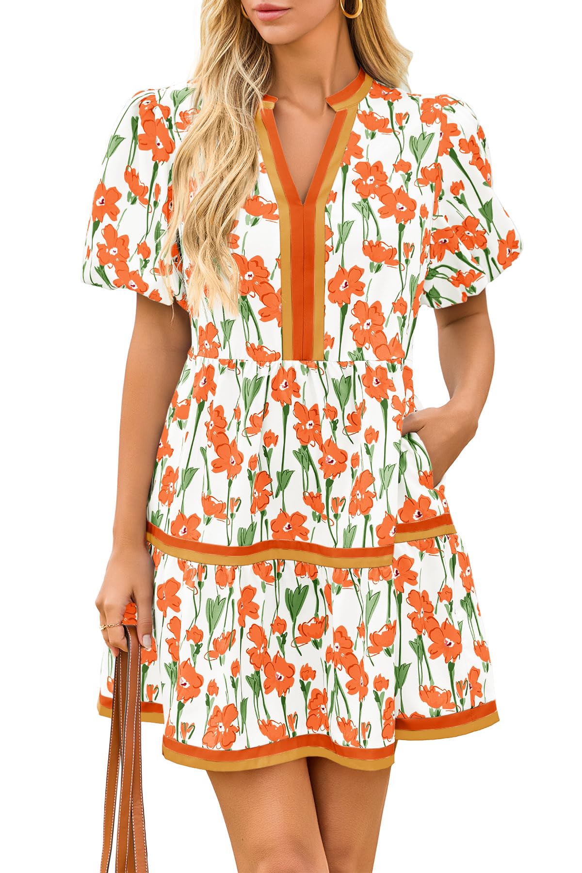 Cicy Bell Womens Summer Puff Sleeve V Neck Floral Mini Boho Beach Dresses | Short Length, Patchwork,Hawaiian,Vacation,Loose fit ,Print with pockets