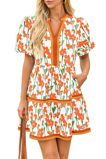 Cicy Bell Womens Summer Puff Sleeve V Neck Floral Mini Boho Beach Dresses | Short Length, Patchwork,Hawaiian,Vacation,Loose fit ,Print with pockets