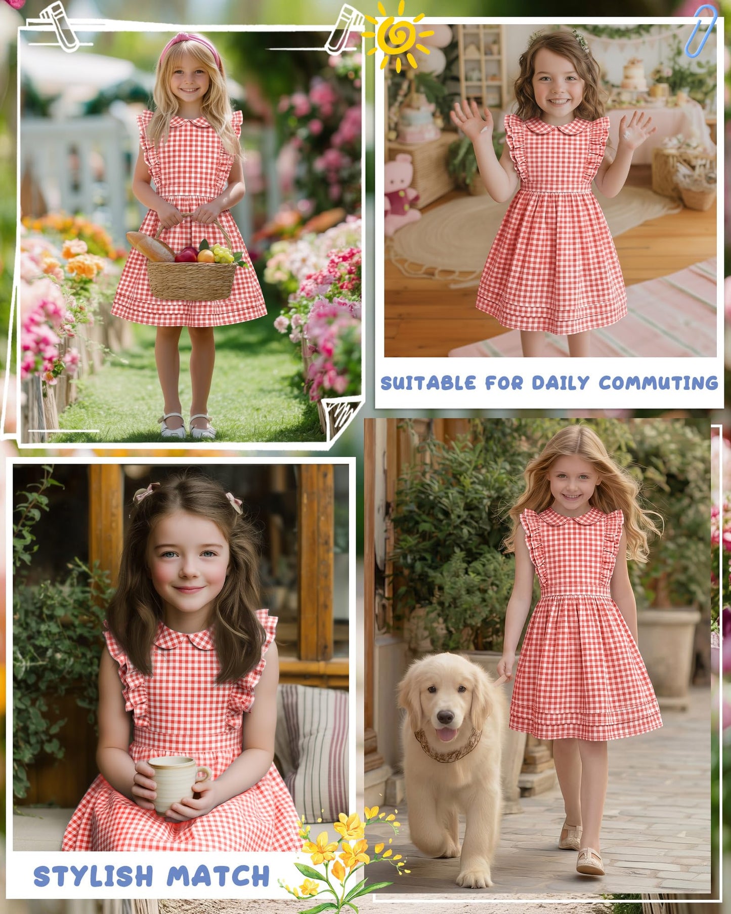 Xaatren Girls' Ruffle Sleeves Dress 5-14 Years Doll Collar Plaid Midi Length Gingham Flutter Pockets Summer Dress with Zipper