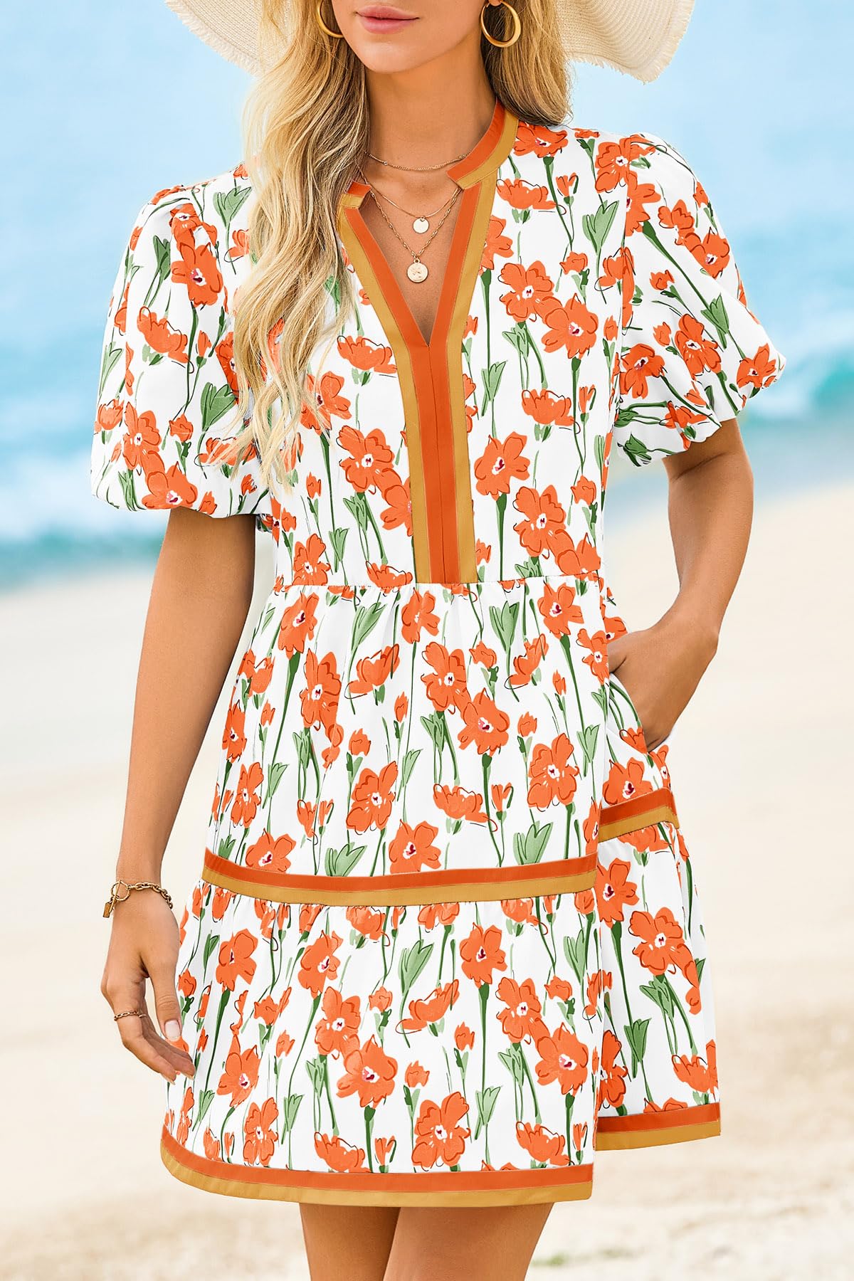 Cicy Bell Womens Summer Puff Sleeve V Neck Floral Mini Boho Beach Dresses | Short Length, Patchwork,Hawaiian,Vacation,Loose fit ,Print with pockets