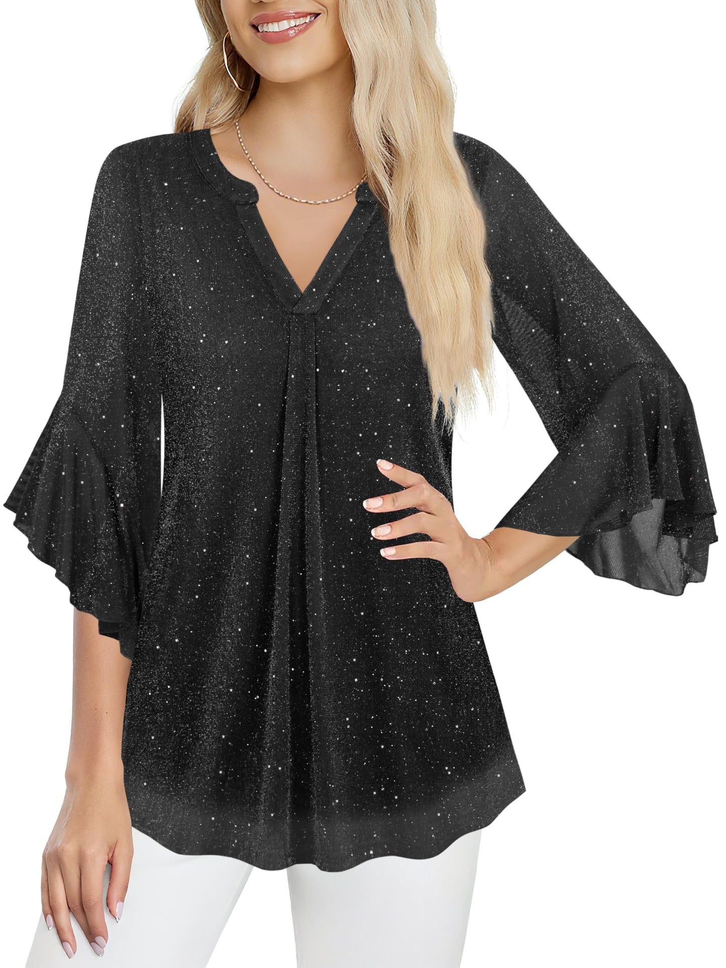 Ninedaily Womens Sparkly Tops 3/4 Sleeve Dressy Casual Sequin Blouses Double Layers Loose V Neck Shirt