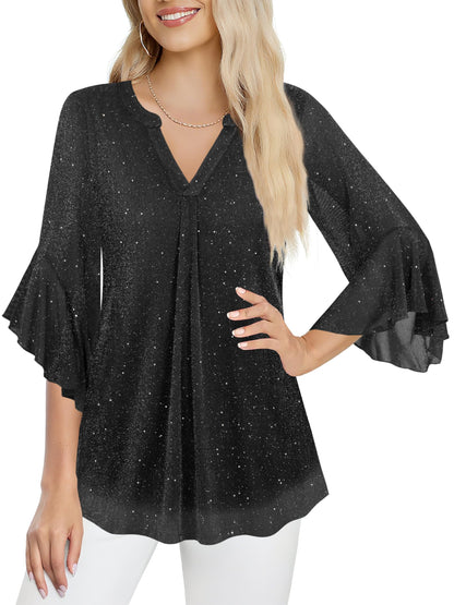 Ninedaily Womens Sparkly Tops 3/4 Sleeve Dressy Casual Sequin Blouses Double Layers Loose V Neck Shirt