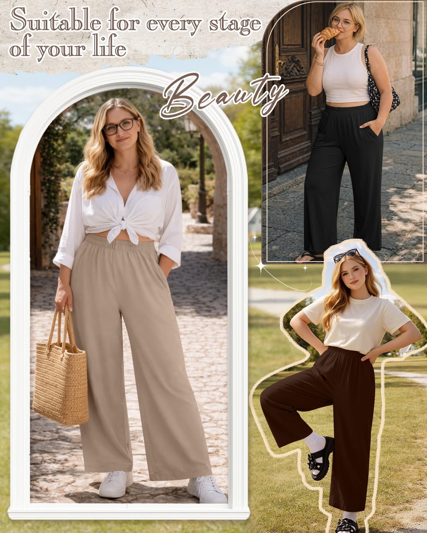 Evervibe 3 Pack Women Plus Size Wide Leg Pants Loose Fit Palazzo Lounge Yoga Sweatpants High Waist Casual Pajamas Pants